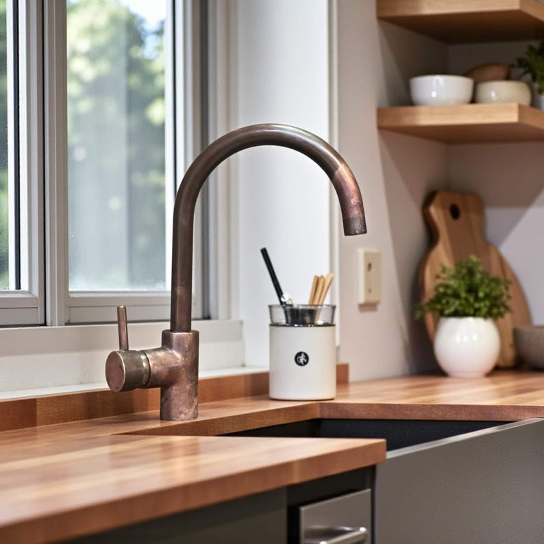 Rustic Copper Gooseneck Kitchen Faucet – Farmhouse Mixer Tap for Sink ...