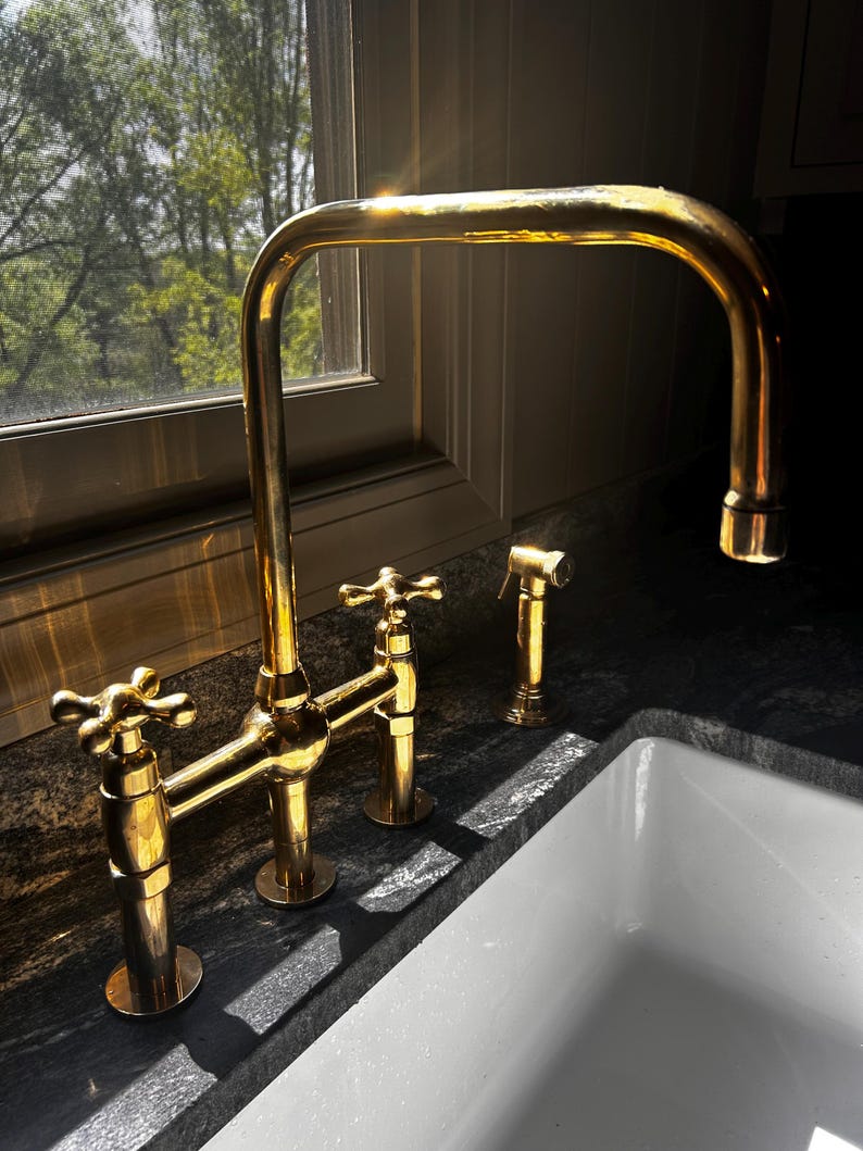 Unlacquered Brass Kitchen Faucet, L Shaped Spout, Customisable – KESHMARK